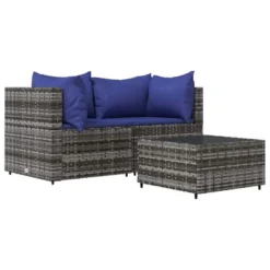 VidaXL 3-Piece Outdoor Lounge Set In Gray Poly Rattan With Blue Cushions - Includes Glass-Top Coffee Table, Modular Design, And Comfortable Seating -All Patio Furniture GUEST 0529cff2 055b 4486 b586 9a46b84a41a1