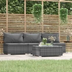 VidaXL 4-Piece Patio Furniture Set With Cushions; Gray Poly Rattan Material, Ideal For Outdoor Or Indoor Use, Weatherproof And Easy To Move