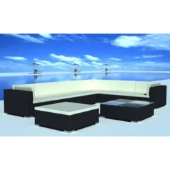 VidaXL 8 Piece Outdoor Patio Lounge Set, Poly Rattan Construction, Black Finish, Includes Corner Sofas, Center Sofas, Ottoman, Tea Table, Cushions