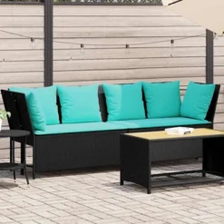 VidaXL Patio Sofa With Cushions - Black Poly Rattan Modular Patio/Garden Outdoor Sofa Set - Weather-Resistant With Turquoise Cushions