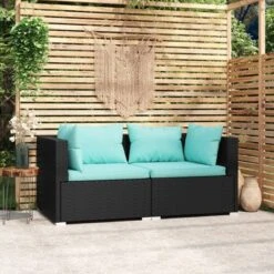 VidaXL Two-Seater Outdoor Sofa - Water-Resistant Black Poly Rattan Patio Loveseat With Comfy Aqua Cushions