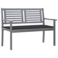 VidaXL 2-Seater Gray Eucalyptus Wood Patio Bench/Loveseat With Anthracite Cushion For Garden, Terrace, Outdoor Living