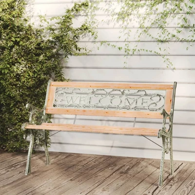 VidaXL Garden Bench Natural Wood, Green Solid Firwood, Cast Iron, PVC - 48" Welcome 3 VidaXL Garden Bench Natural Wood, Green Solid Firwood, Cast Iron, PVC - 48" Welcome