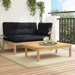 VidaXL 2 Piece Patio Pallet Sofa Set With Cushions - Solid Acacia Wood - Garden, Patio, Terrace Furniture - Modular Design - Black Cushions