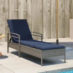 VidaXL Gray Poly Rattan Sun Lounger-Outdoor Chaise With Cushion, Adjustable Backrest, Washable Cover-24.8x78.7x24.4 Inches Patio Daybed