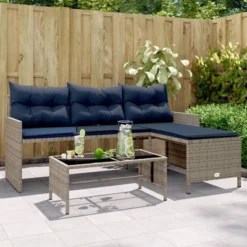 VidaXL 3-Seater L-Shaped Patio Sofa Set With Table - Gray Poly Rattan, Navy Cushions, Powder-Coated Steel Frame & Glass Top