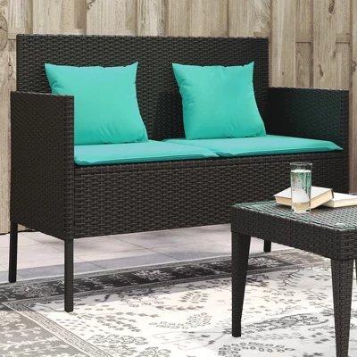 VidaXL Outdoor Loveseat Bench - Black PE Rattan, Padded Blue Cushions, Storage Under-Seat, Weather-Resistant, Garden/Patio Furniture, 44.5"x24"x34.3" 3 VidaXL Outdoor Loveseat Bench - Black PE Rattan, Padded Blue Cushions, Storage Under-Seat, Weather-Resistant, Garden/Patio Furniture, 44.5"x24"x34.3"