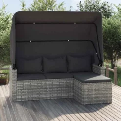 VidaXL 3-Seater Patio Sofa Set With Adjustable Roof, Footstool & Poly Rattan Finish In Gray - Weather-Resistant Outdoor Lounger