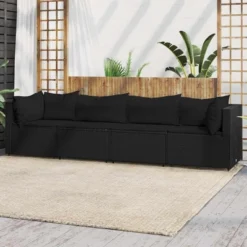 VidaXL 4-Piece Black Patio Lounge Set - Weather Resistant Poly Rattan Outdoor Furniture - Includes Thickly Padded Cushions And A Sturdy Steel Frame