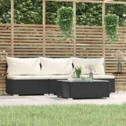 VidaXL Black Patio Furniture Poly Rattan - Cream Cushions - 3 Seats With Table - Middle Sofa