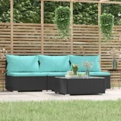 VidaXL Patio Lounge Set - 4 Piece Black Poly Rattan Outdoor Furniture With Aqua Cushions - Includes Coffee Table