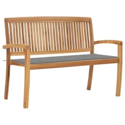 VidaXL Outdoor Patio Bench Stacking Patio Bench With Cushion Solid Wood Teak - Gray 47.2"
