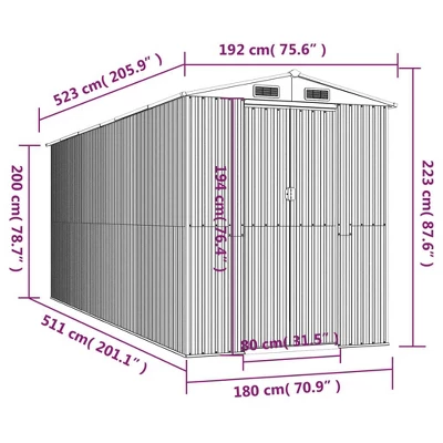 VidaXL Garden Shed Dark Brown Galvanized Steel Large Garden Shed - 75.6" X 205.9" X 87.8" 9 VidaXL Garden Shed Dark Brown Galvanized Steel Large Garden Shed - 75.6" X 205.9" X 87.8" - Image 7