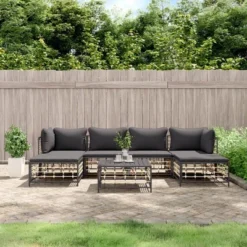 VidaXL Anthracite Poly Rattan 7 Piece Patio Lounge Set With Cushions - Versatile Modular Design, Weather-Resistant, Comfort-Enhanced