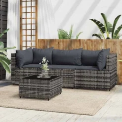 VidaXL Patio Lounge Set Gray PE Rattan, Powder-coated Steel, Tempered Glass