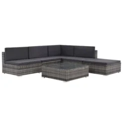 VidaXL Patio Lounge Set - 6-Piece Poly Rattan Gray Sectional Sofa Set With Coffee Table And Ottoman - Comfortable Outdoor Seating With Cushions