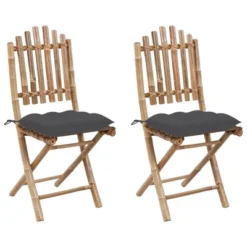 VidaXL 2X Folding Bamboo Patio Chairs With Cushions - Outdoor Garden Lounge Seating, Weatherproof & Space-Saving Furniture