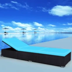 VidaXL Sunlounger Black And Blue PE Rattan, Powder-Coated Steel, Polyester