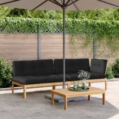 VidaXL 3 Piece Patio Pallet Sofa Set With Cushions - Solid Acacia Wood - Outdoor Modular Sectional - With Table And Black Cushions - Brown
