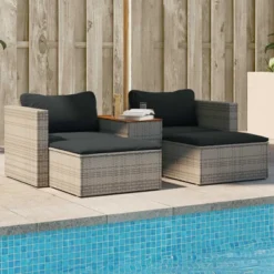 VidaXL 5-Piece Gray Poly Rattan Patio Sofa Set With Cushions - Acacia Wood Tabletop, Modular Design, Cushion Covers, Outdoor/Indoor Comfort