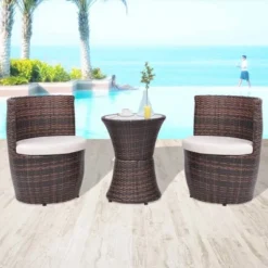 VidaXL Poly Rattan 3-Piece Brown Bistro Set - Stackable Table And Chairs With Cream-White Cushions For Garden, Patio, Balcony