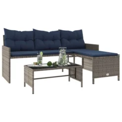 VidaXL 3-Seater L-Shaped Patio Sofa Set With Table - Gray Poly Rattan, Navy Cushions, Powder-Coated Steel Frame & Glass Top -All Patio Furniture GUEST 8b46849d 93de 4ba7 b9a4 312d3dc3f776
