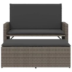 VidaXL Patio Bench With Cushions And Footstool - Convertible Outdoor Loveseat Sofa Bed - Gray Poly Rattan, Padded Cushions -All Patio Furniture GUEST 8d260ad8 7bbd 43d9 9905 a49ad2e42b76