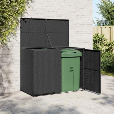 VidaXL Double Wheelie Bin Shed With Lid And Lockable Doors, Poly Rattan 31.5"x58.3"x43.7" Black 3 VidaXL Double Wheelie Bin Shed With Lid And Lockable Doors, Poly Rattan 31.5"x58.3"x43.7" Black