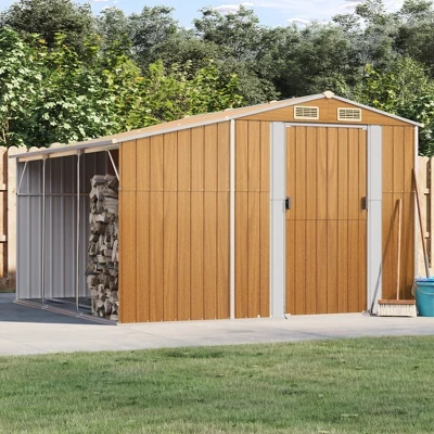 VidaXL Garden Shed Galvanized Steel Outdoor Storage - Sloping Roof, Firewood Stand, Light Brown 3 VidaXL Garden Shed Galvanized Steel Outdoor Storage - Sloping Roof, Firewood Stand, Light Brown