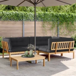 VidaXL 4 Piece Patio Pallet Sofa Set With Cushions - Acacia Wood - Anthracite Gray - Modular Outdoor/Garden Furniture - Table And 3 Sofas