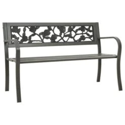 VidaXL Patio Bench, 49.2-Inch, Vintage Style, Weather-Resistant, Powder-Coated Steel, Gray, With Decorative Rose-Patterned Backrest