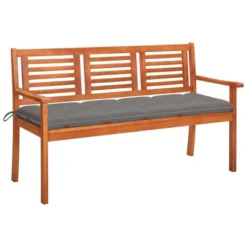 VidaXL 3-Seater Patio Bench With Gray Cushion In Solid Eucalyptus Wood - Outdoor Comfortable Seating - Easy Assembly - Durable And Weather-Resistant