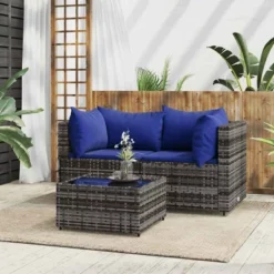 VidaXL 3-Piece Outdoor Lounge Set In Gray Poly Rattan With Blue Cushions - Includes Glass-Top Coffee Table, Modular Design, And Comfortable Seating