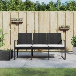 VidaXL Outdoor Bench 3-Seater Bench With Cushions For Porch Deck PP Rattan - Black