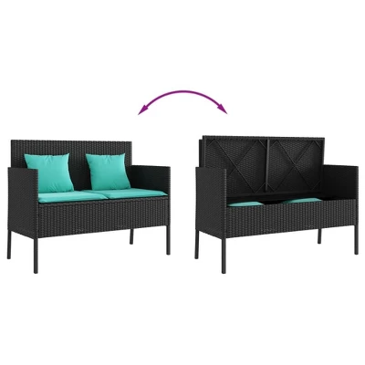 VidaXL Outdoor Loveseat Bench - Black PE Rattan, Padded Blue Cushions, Storage Under-Seat, Weather-Resistant, Garden/Patio Furniture, 44.5"x24"x34.3" 8 VidaXL Outdoor Loveseat Bench - Black PE Rattan, Padded Blue Cushions, Storage Under-Seat, Weather-Resistant, Garden/Patio Furniture, 44.5"x24"x34.3" - Image 6