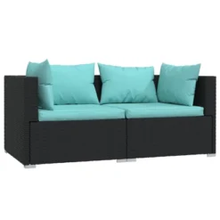 VidaXL Two-Seater Outdoor Sofa - Water-Resistant Black Poly Rattan Patio Loveseat With Comfy Aqua Cushions -All Patio Furniture GUEST e40b8579 28da 4b70 9053 e1df27c3f23c 1