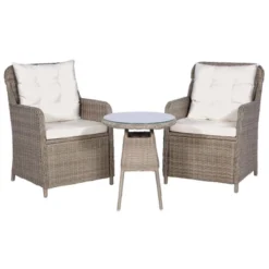 VidaXL Brown Poly Rattan Bistro Set With Cushions And Pillows, 3 Piece Stylish And Durable Outdoor Dining Set With Powder-Coated Steel Frame