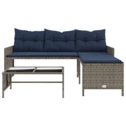 VidaXL 3-Seater L-Shaped Patio Sofa Set With Table - Gray Poly Rattan, Navy Cushions, Powder-Coated Steel Frame & Glass Top -All Patio Furniture GUEST e9c35843 5cc1 4772 9174 db0279513957