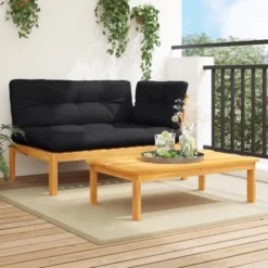 VidaXL 2 Piece Patio Pallet Sofa Set With Cushions - Solid Wood Acacia - Modular Design For Garden, Patio, Terrace - Black Cushions