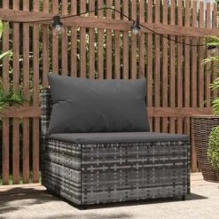 VidaXL Patio Middle Sofa Grey PE Rattan, Powder-coated Steel, Fabric