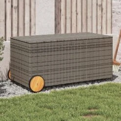 VidaXL Garden Storage Box With Wheels Gray 50.2 Gallon Poly Rattan -All Patio Furniture GUEST fdddde34 ad62 4957 8608 c23f0ec94460