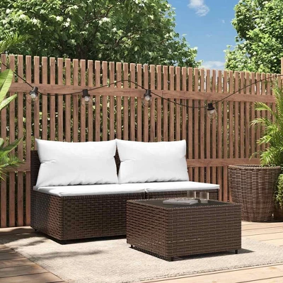 VidaXL 3-Piece Patio Lounge Set With Cushions - Brown Poly Rattan Outdoor Furniture With Pillows And Coffee Table, Weather Resistant, Flexible Design 3 VidaXL 3-Piece Patio Lounge Set With Cushions - Brown Poly Rattan Outdoor Furniture With Pillows And Coffee Table, Weather Resistant, Flexible Design